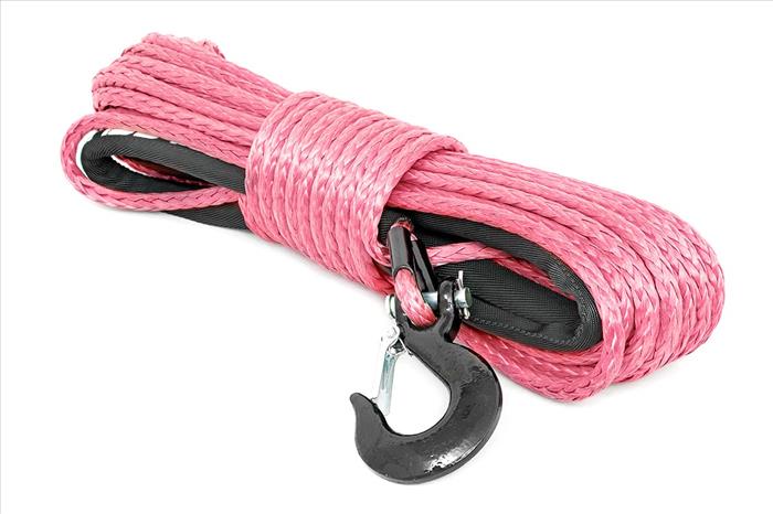 Synthetic Rope 85 Feet Rated Up to 16000 Lbs 3/8 Inch Includes Clevis Hook and Protective Sleeve Pink Rough Country