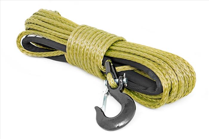 Synthetic Rope 85 Feet Rated Up to 16000 Lbs 3/8 Inch Includes Clevis Hook and Protective Sleeve Army Green Rough Country
