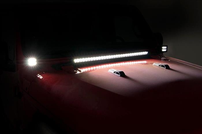 LED Light Kit Hood Mount 30 Inch Black Single Row Jeep Gladiator JT/Wrangler JL (18-26) Rough Country