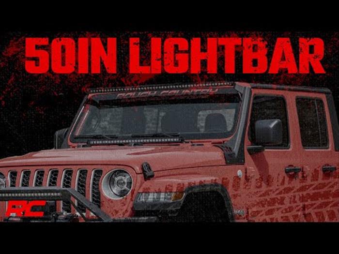 Jeep 50-Inch Straight LED Light Bar Upper Windshield Kit w/ Dual-Row Black Series LED White DRL 2020 Gladiator JT 18-20 Wrangler JL Rough Country