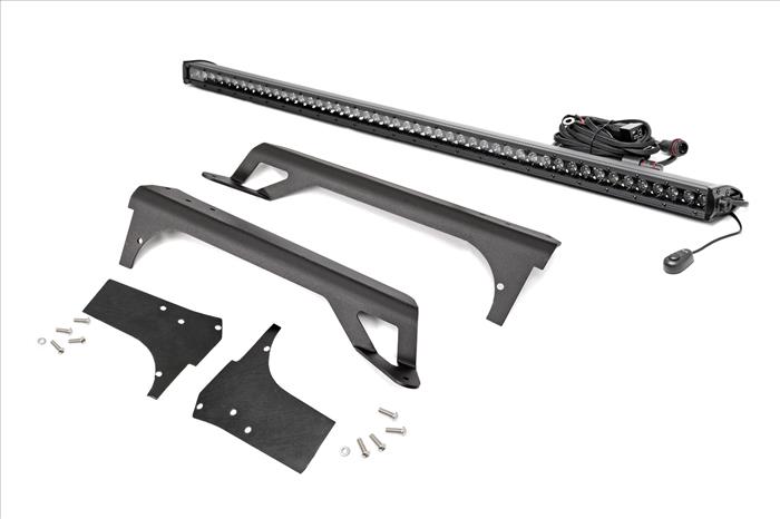 Jeep 50-inch Straight LED Light Bar Upper Windshield Kit w/ Single Row Black Series LED w/ DRL (97-06 TJ) Rough Country