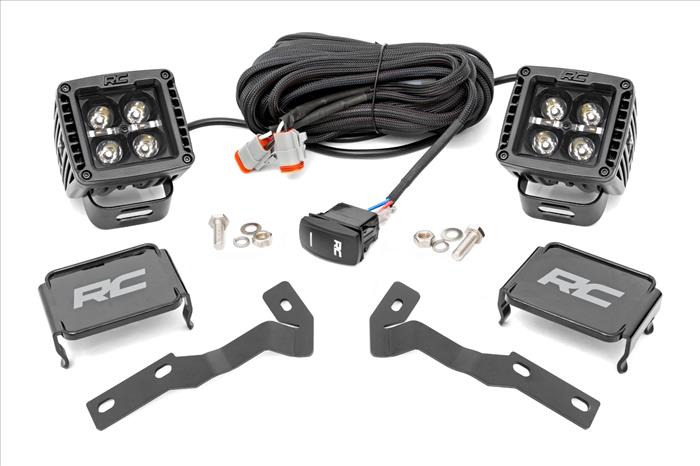 LED Light Kit Ditch Mount 2 Inch Black Pair White DRL Toyota Tacoma (05-15) Rough Country