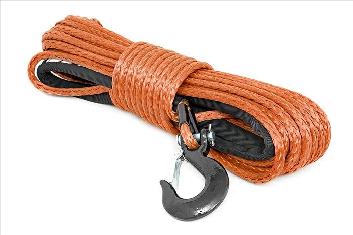 Synthetic Rope 85 Feet Rated Up to 16000 Lbs 3/8 Inch Includes Clevis Hook and Protective Sleeve Orange Rough Country