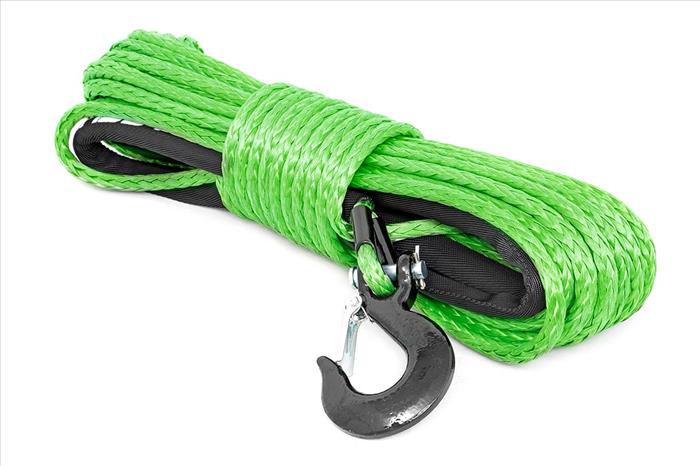 Synthetic Rope 85 Feet Rated Up to 16000 Lbs 3/8 Inch Includes Clevis Hook and Protective Sleeve Green Rough Country